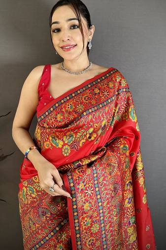 Women red meenakari weaving pashmina silk saree
