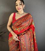 Women red meenakari weaving pashmina silk saree