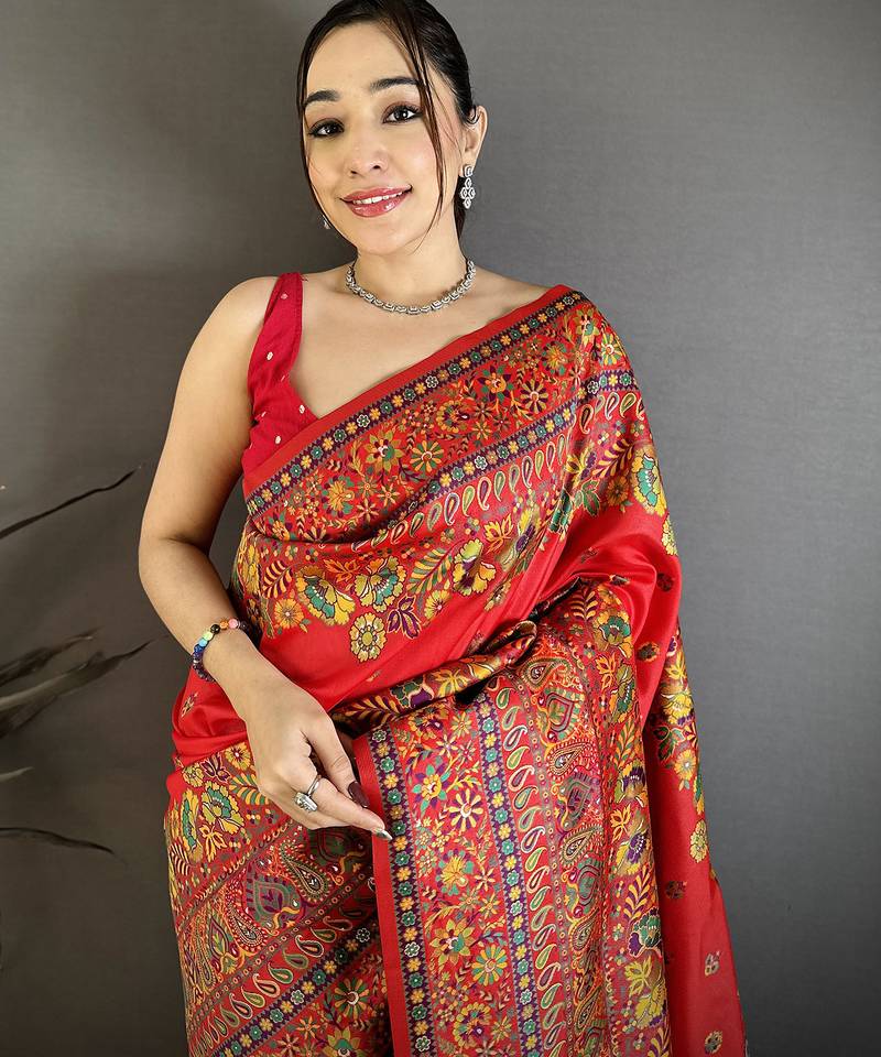 Women red meenakari weaving pashmina silk saree