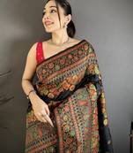 Women black meenakari weaving pashmina silk saree