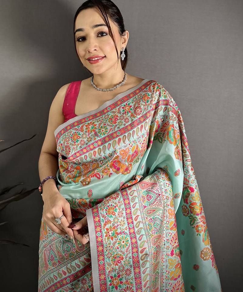 Women sky blue meenakari weaving pashmina silk saree