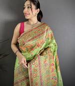 Women light green meenakari weaving pashmina silk saree