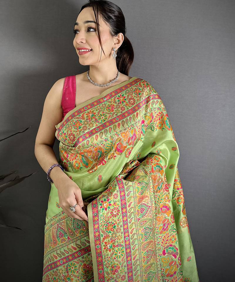 Women light green meenakari weaving pashmina silk saree