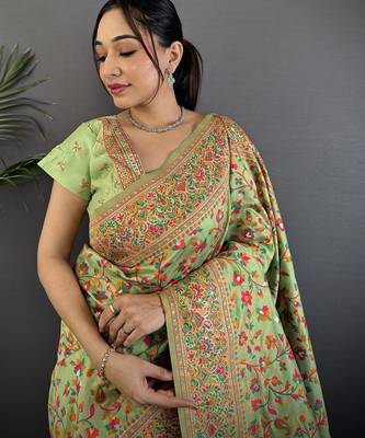 Women light green meenakari weaving pashmina silk blend saree 1