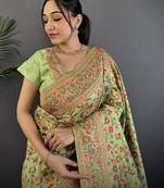 Women light green meenakari weaving pashmina silk saree