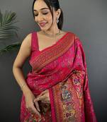 Women rani pink meenakari weaving pashmina silk saree