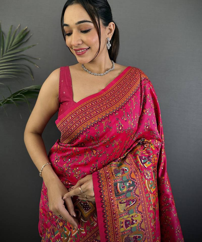 Women rani pink meenakari weaving pashmina silk saree