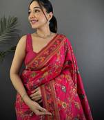Women rani pink meenakari weaving pashmina silk saree