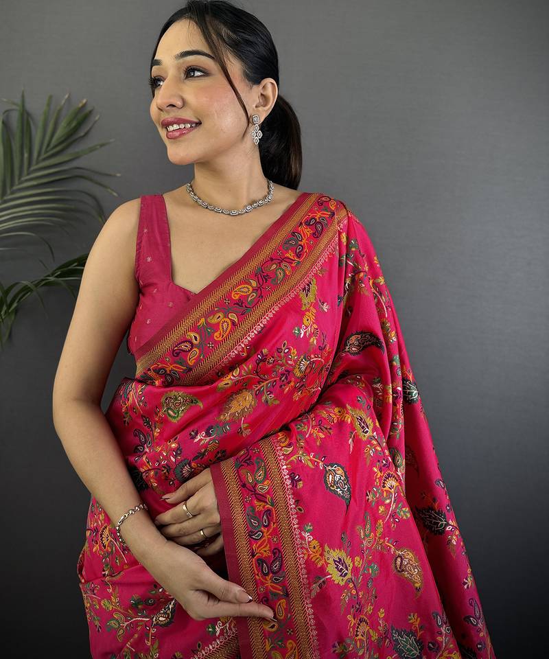 Women rani pink meenakari weaving pashmina silk saree
