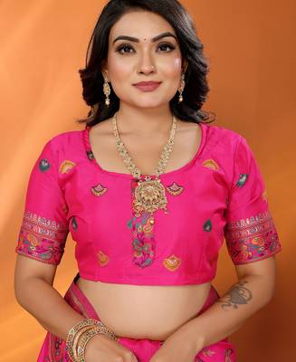 Women rani pink meenakari weaving pashmina silk blend saree 2