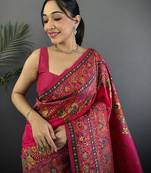 Women rani pink meenakari weaving pashmina silk saree