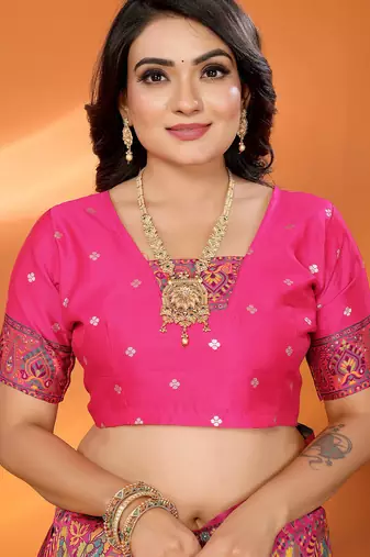 Women rani pink meenakari weaving pashmina silk saree