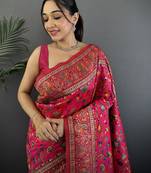 Women rani pink meenakari weaving pashmina silk saree