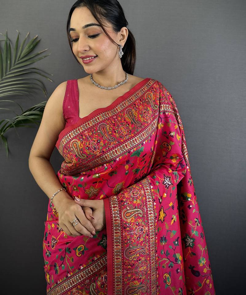 Women rani pink meenakari weaving pashmina silk saree