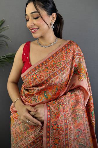 Women peach   floral&paisley motifs pashmina silk saree