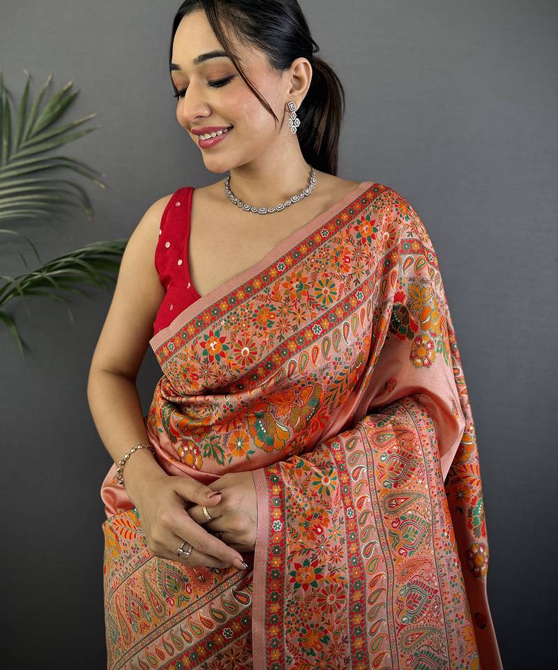 Women peach  floral&paisley motifs pashmina silk saree
