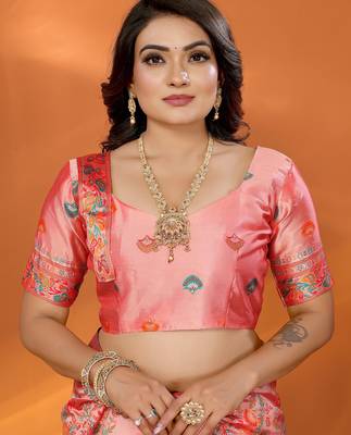 Women peach  floral&paisley motifs pashmina silk blend saree 2