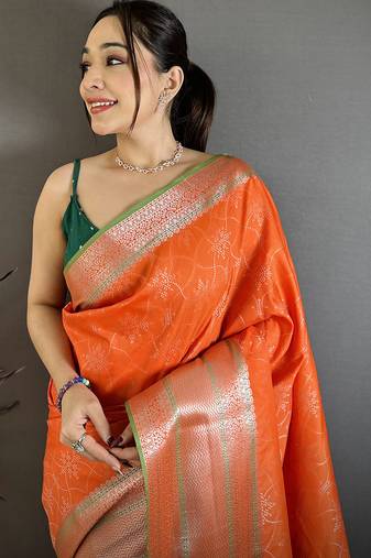 Women orange intricate  zari weaving banarasi silk saree