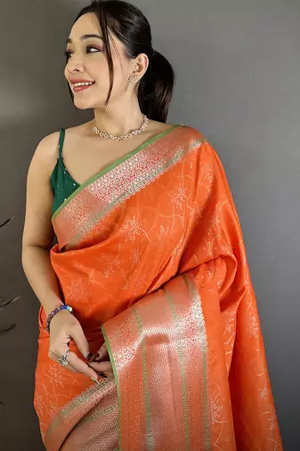 Women orange intricate zari weaving banarasi silk saree