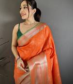 Women orange intricate  zari weaving banarasi silk saree