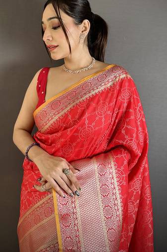 Women red checked pattern banarasi silk saree