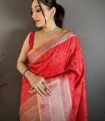 Women red checked pattern banarasi silk saree