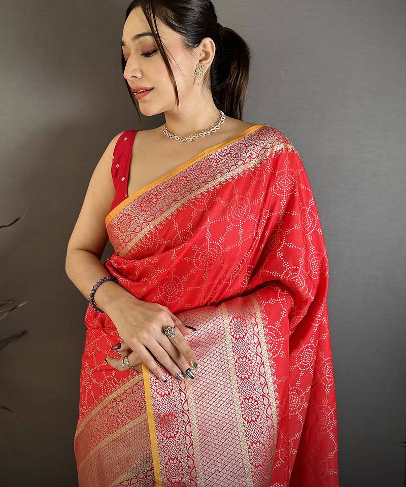 Women red checked pattern banarasi silk saree