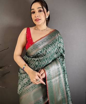 Women green zari woven ethnic motifs banarasi silk blend saree 1