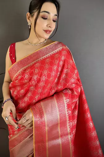 Women red  delicate patterns banarasi silk saree