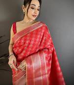 Women red  delicate patterns banarasi silk saree