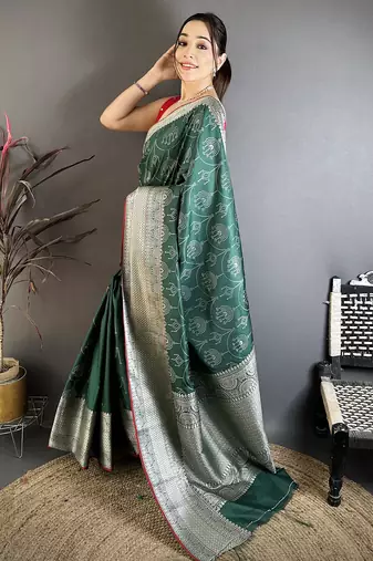 Women dark green ajrakh print banarasi silk saree