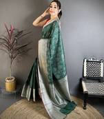 Women dark green ajrakh print banarasi silk saree