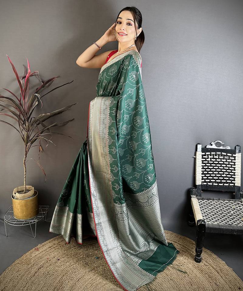 Women dark green ajrakh print banarasi silk saree