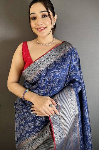 Women royal blue intricate  zari weaving banarasi silk saree