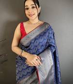 Women royal blue intricate  zari weaving banarasi silk saree