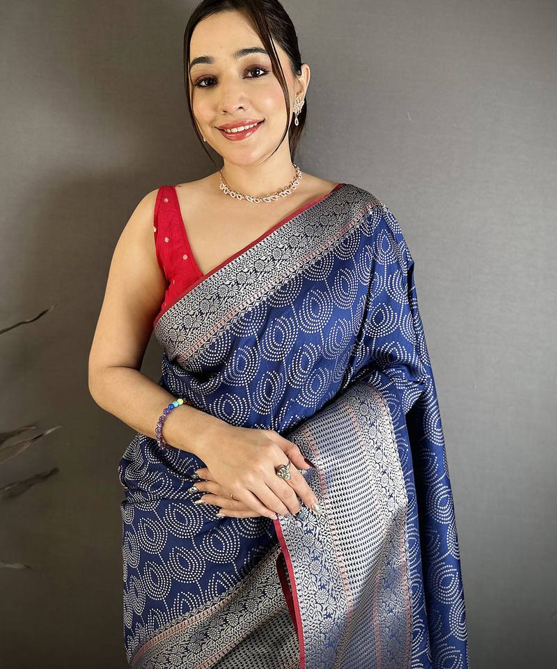 Women royal blue intricate zari weaving banarasi silk saree