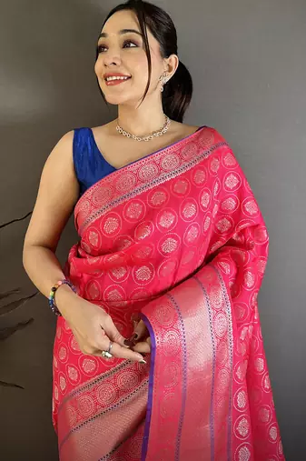 Women rani pink woven design banarasi silk saree
