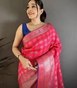 Women rani pink woven design banarasi silk saree