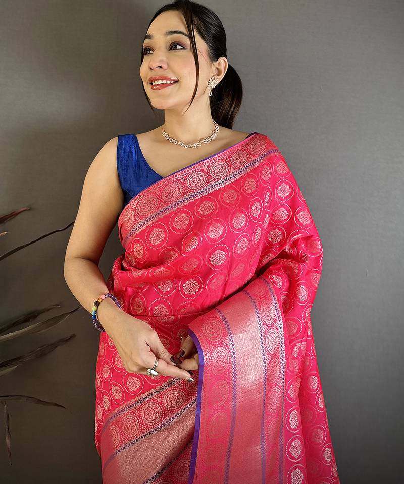 Women rani pink woven design banarasi silk saree