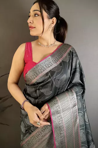 Women black leaf motif banarasi silk saree