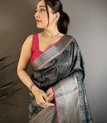 Women black leaf motif banarasi silk saree