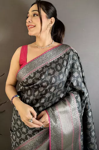 Women black geometric butta banarasi silk saree