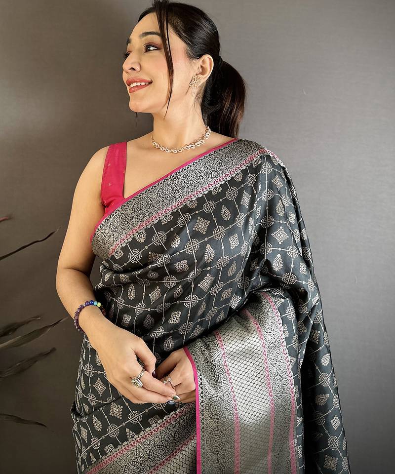 Women black geometric butta banarasi silk saree