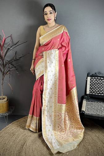 Women coral pink small floral zari butti soft silk saree