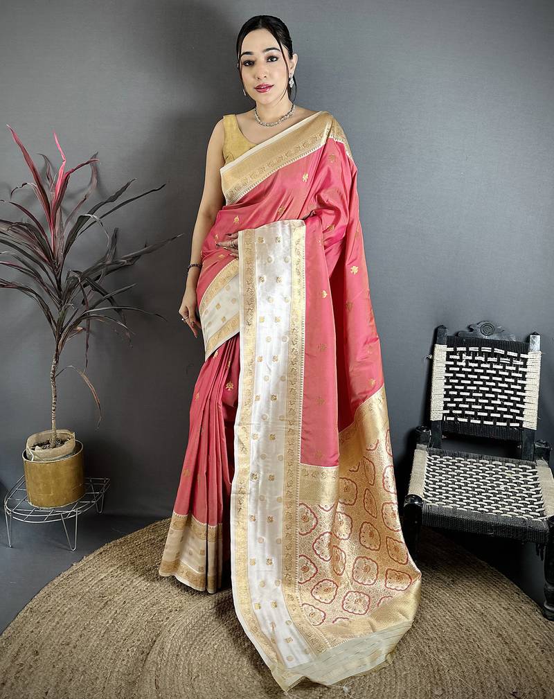 Women coral pink small floral zari butti soft silk saree