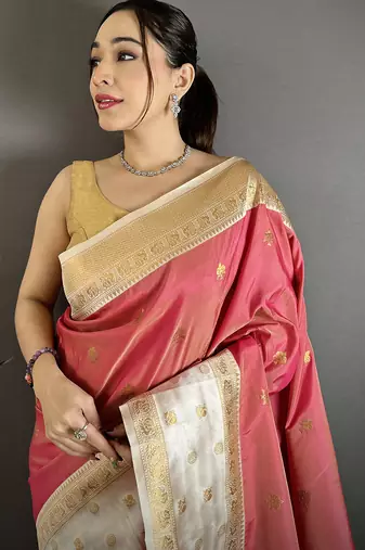 Women coral pink small floral zari butti soft silk saree