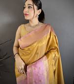 Women mustard yellow small floral zari butti soft silk saree