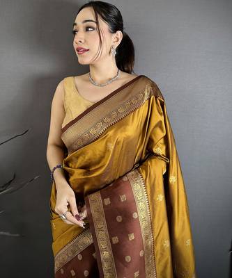 Women golden bronze small floral zari butti soft silk blend saree 1