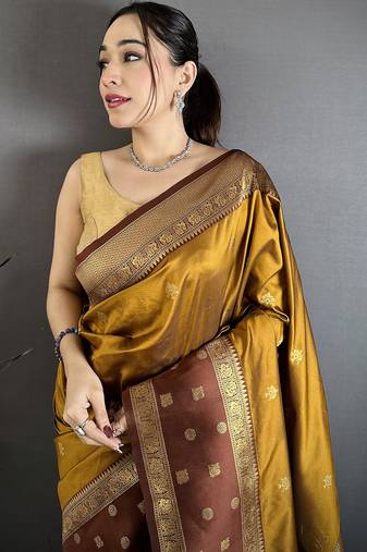 Women golden bronze small floral zari butti soft silk saree