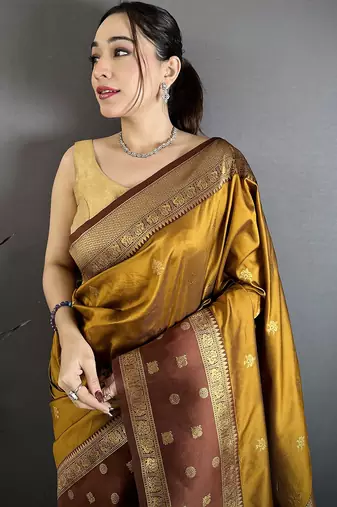 Women golden bronze small floral zari butti soft silk saree